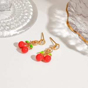 Charming red cherry stud earrings with green leaves and zircon in gold stainless steel