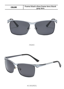 Detail view of polarised sunglasses with black silver metal frame and rectangular lenses