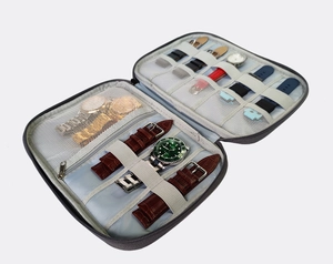 Detail of portable watch strap organizer case with mesh pocket and elastic loops