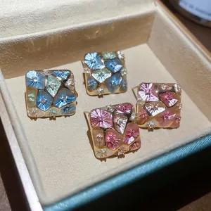 Square Stud Earrings With Silver Earring Post Gold Plated Copper Zircon Mosaic Pattern Elegant Vintage Jewelry For Women