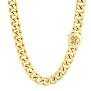 Men's 11mm gold Cuban chain necklace with skull crossbones buckle on white background