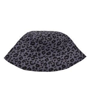 Detailed view of leopard print texture on a dark grey canvas bucket hat for outdoor use