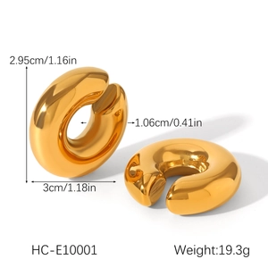 Detail view of gold hollow hoop earrings with size specifications in 3cm diameter