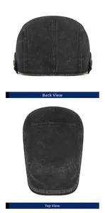 Detail view showing top and back of washed black denim ivy cap with metal adjustment buckle