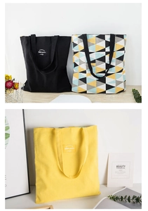 Detail of durable canvas tote bags with geometry patterns and labels in a lifestyle setting