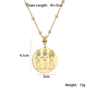 18K gold plated necklace with round pendant featuring boy and girl figures and blue zircons