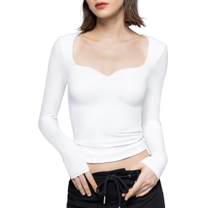 Slim fit white long sleeve square neck crop top for women in ribbed knit style