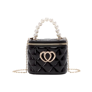 Black quilted mini jelly bag with pearl handle and golden double heart clasp