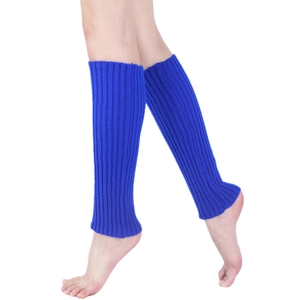 Detail of blue knitted leg warmers with vertical stripe texture for winter warmth
