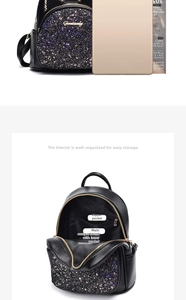 Detailed view of black sequin backpack showing internal pockets and size comparison with tablet