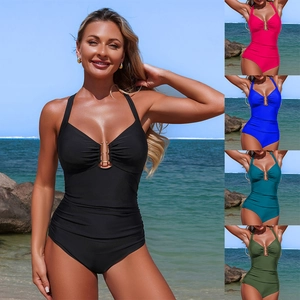 Women Halter Neck One Piece Swimsuit With Metal Buckle Ruched Tummy Control Backless Swimwear Solid Color Beach Vacation
