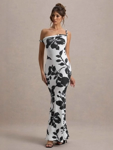 One Shoulder Maxi Dress Floral Leopard Print Slim Fit Bodycon Sexy Sleeveless Milk Satin For Women