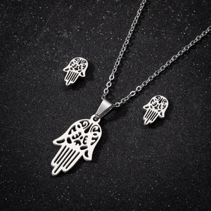 Silver stainless steel Hamsa Hand pendant necklace and stud earrings jewelry set