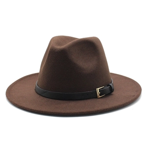 Detail showing the dark brown wool felt fedora with a black faux leather belt and gold buckle
