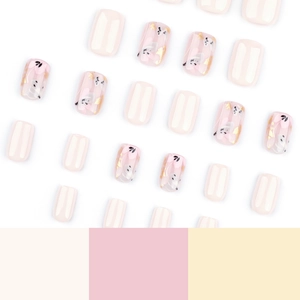 24pcs nude pink press-on nails set with floral patterns, gold foil, and short square shape
