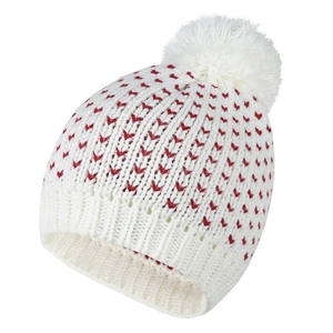 Weiße Strickmütze mit roten Herzmustern und flauschigem Bommel für Damen im Winter