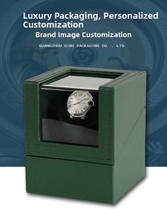 Close-up of a dark green leather single watch winder with a clear display window