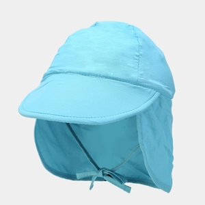 Detailed view of light blue kids sun hat with wide neck flap and chin straps