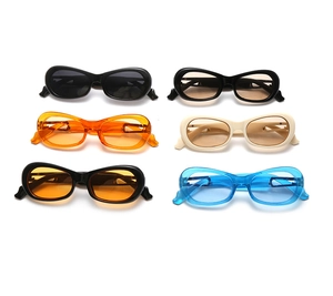 Collection of six colorful rectangular sunglasses in black, amber, orange, and blue frames