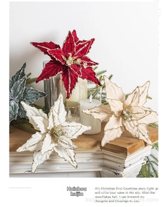 Close-up of velvet poinsettia Christmas flowers with gold glitter edges in multiple colors