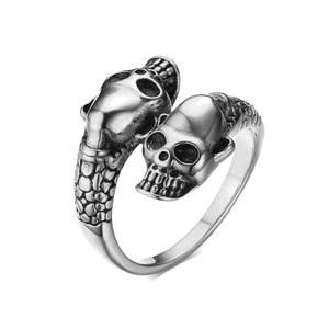 Double Skull Open Adjustable Ring Alloy Snake Scale Texture Gothic Punk Jewelry For Men And Women
