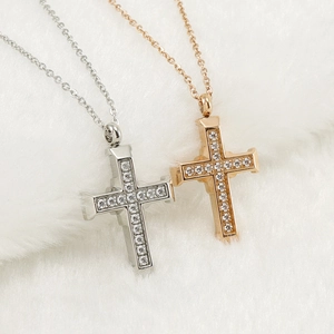 Minimalist stainless steel cross necklace with white zircons in silver and rose gold finishes