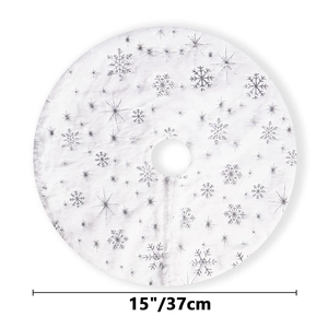 Detail of 15-inch white plush Christmas tree skirt with silver snowflake pattern