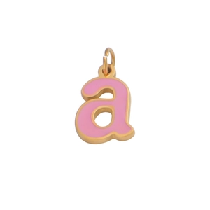 Detail of letter A pendant with gold border and pink enamel finish for DIY jewelry