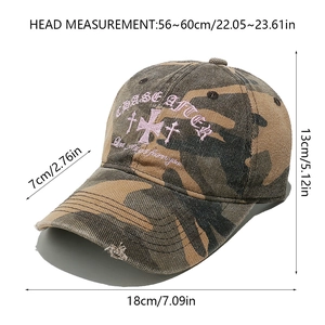 Detailed sizing chart for vintage camouflage baseball cap with embroidered lettering