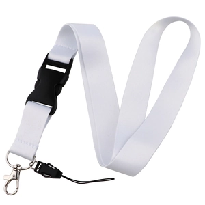 Solid white fabric lanyard with black quick-release buckle and metal swivel hook