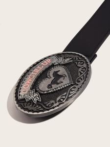 Vintage western black leather belt with Cowgirl Up horse silhouette oval buckle