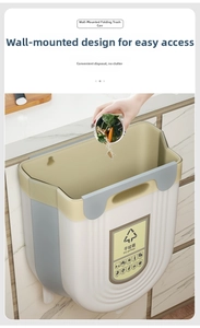 Detail of hanging folding kitchen waste bin with beige and grey collapsible structure