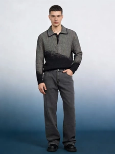 Men's casual long sleeve striped polo knit sweater paired with dark grey jeans