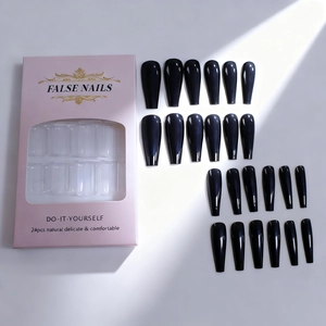 24 pieces of long glossy black coffin false nails with minimalist pink gift box