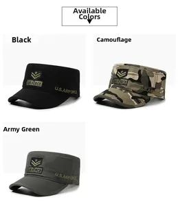 Flat top military caps in black, camo, and green with embroidered U.S. Airforce logo