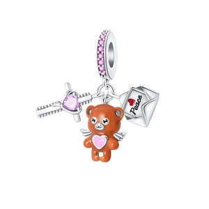Silver angel bear and peace letter charm bead for bracelet with pink zircon cross