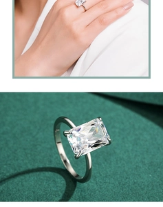 Macro detail of a rectangular radiant cut S925 sterling silver ring with four-prong setting