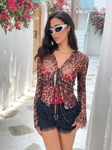 Women's leopard print mesh cardigan with tie-front and ruffle skirt for summer outfits