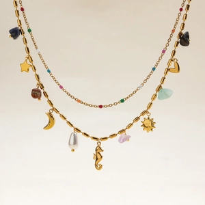 Double-layered 18K gold stainless steel necklace with pearl heart and star charms