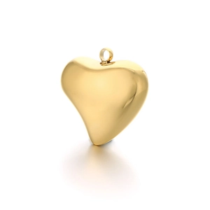 Polished hollow 3D heart pendant in golden stainless steel with a circular top ring