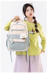 Detail view of water-resistant nylon backpack with plush cloud pendant and stylish branding