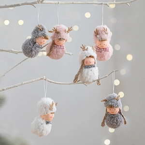 Plush Christmas girl doll hanging ornaments with deer antlers in festive bokeh scene