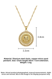 Detailed size specifications for the gold sun face pendant with micro-inlaid zircons