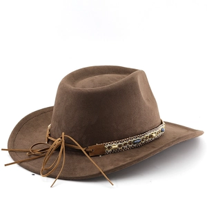 Detail view of brown fedora felt hat featuring woven metallic band and leather straps