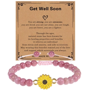 Sunflower Natural Stone Bracelet Rose Quartz Amazonite Pink Zebra Jasper Adjustable Braided Rope Healing Gift For Women