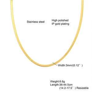Detail view of 3mm gold stainless steel snake chain with size and material specifications