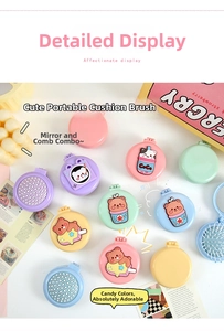 Detail of portable cartoon folding air cushion hairbrushes with mirrors in pastel colors