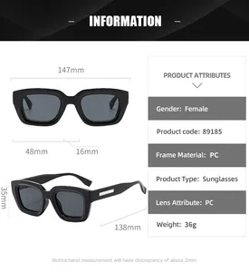 Detailed size chart for retro square sunglasses with PC frame measurements and specifications