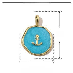 Detail view of blue enamel anchor pendant with 18x13mm dimensions and weight specs