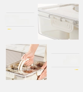 Detail of sealed food storage box with handle and secure buckle design for freshness